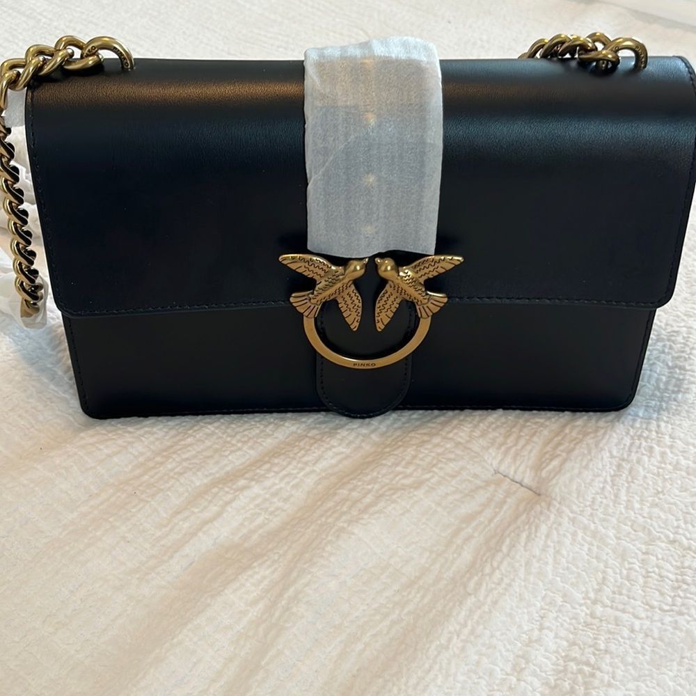 Pinko Black Leather Crossbody with Gold Bird Clasp